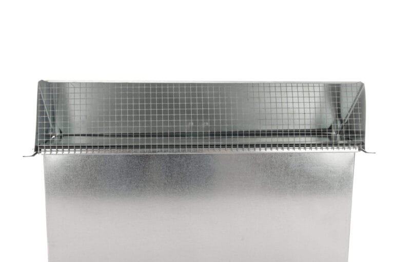 Front view of a galvanized steel vent with a protective wire mesh.