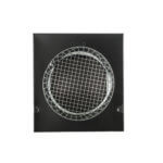 Bottom view of a hooded wall vent with a screen and damper.