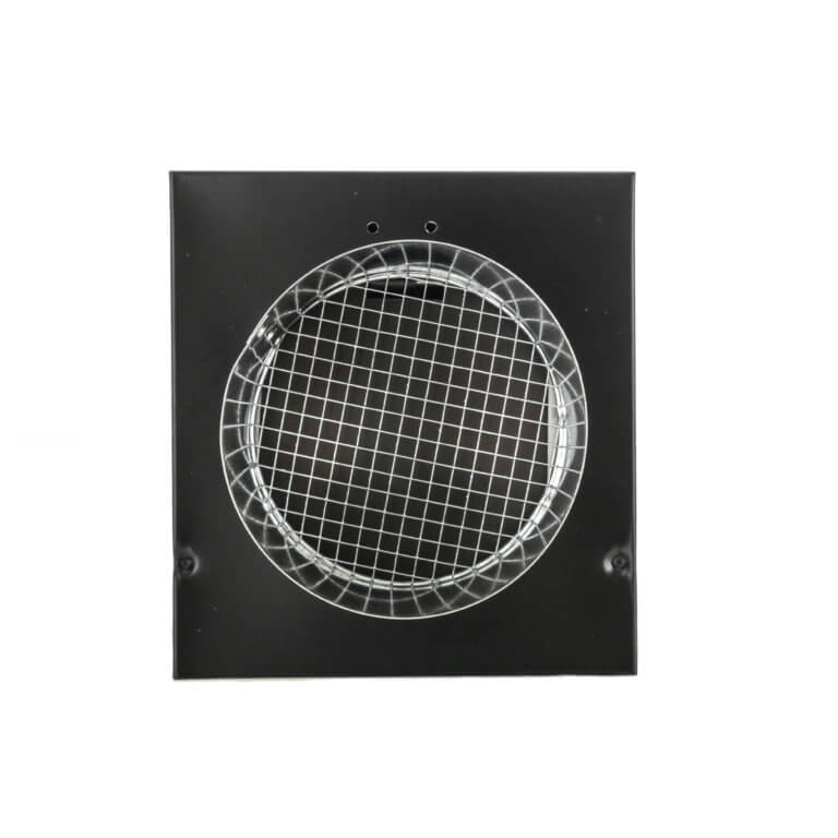 Bottom view of a hooded wall vent with a screen and damper.
