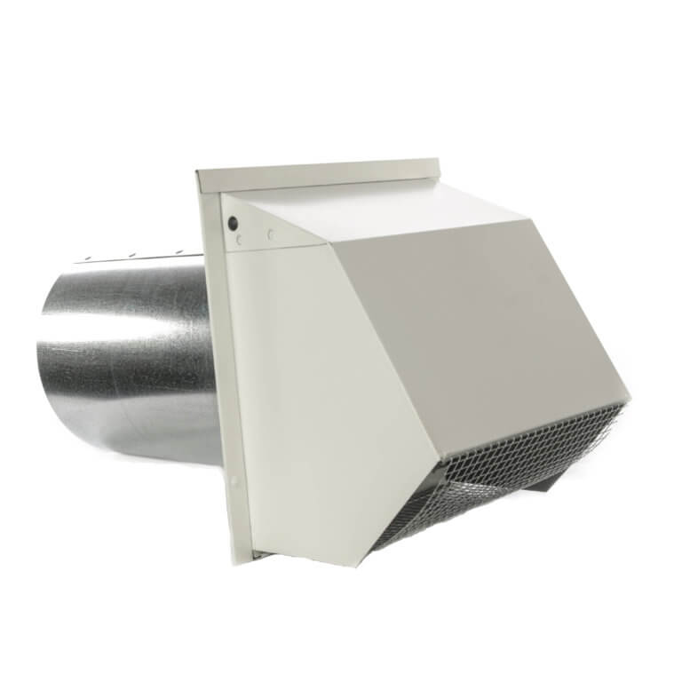 Side view of FAMCO Hooded Wall Vent with damper, gasket, and screen in white painted galvanized steel.