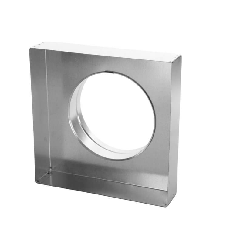 Square to round duct transition box, front-facing angle.