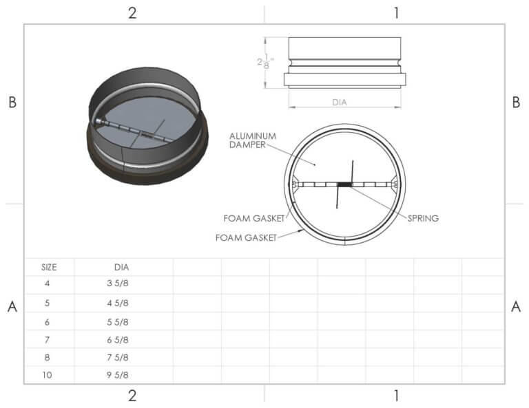 FAMCO Inline Butterfly Backdraft Damper - Galvanized Steel Specifications