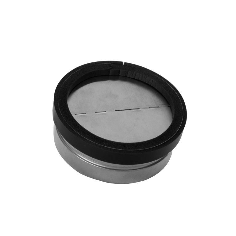 Top-down shot of FAMCO Inline Butterfly Backdraft Damper in galvanized steel, closed.