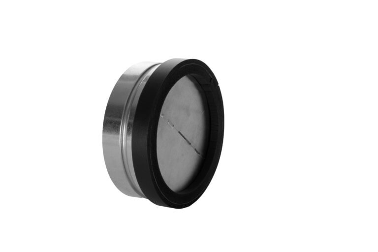 Side front shot of FAMCO inline butterfly backdraft damper with spring in galvanize steel.