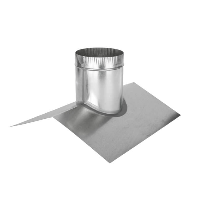 Saddle-style round roof vent base in galvanized metal.