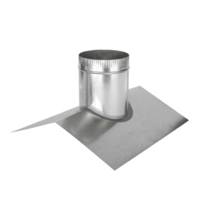Saddle-style round roof vent base in galvanized metal.