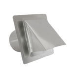 Front view of FAMCO hooded wall vent with damper and stucco ring in galvanized steel.