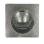 Bottom view of FAMCO hooded wall vent with screen and stucco ring in galvanized steel.