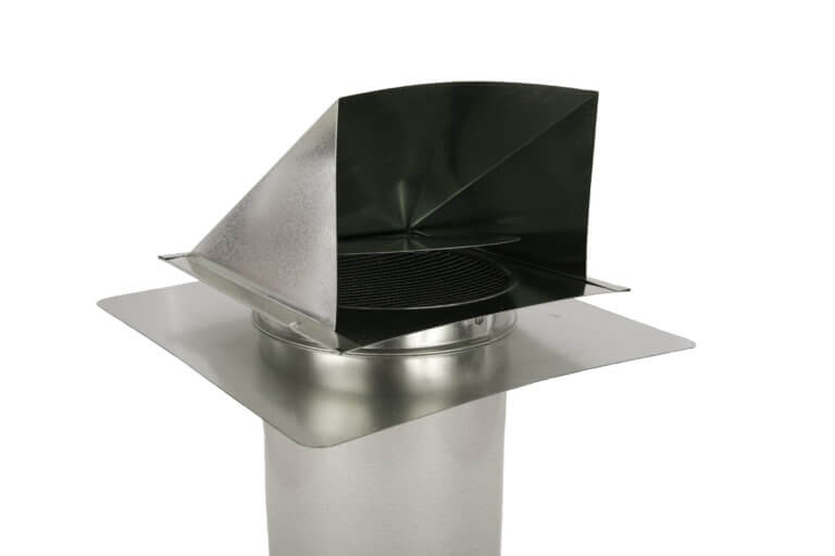 Inside view of FAMCO hooded wall vent with screen, damper, and stucco ring in galvanized steel.