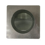 Bottom view of FAMCO hooded wall vent with screen and stucco ring in galvanized steel.