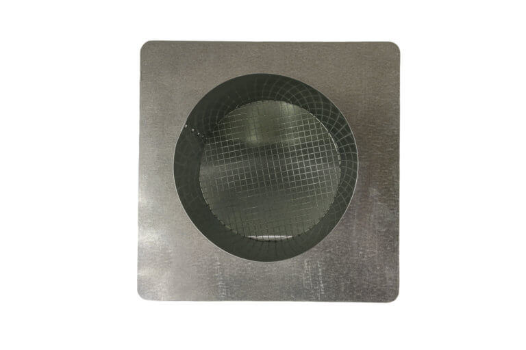 Bottom view of FAMCO hooded wall vent with screen and stucco ring in galvanized steel.