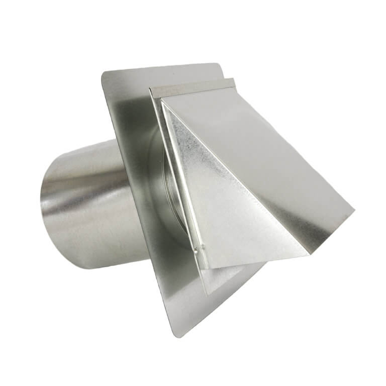 Side view of FAMCO hooded wall vent with screen and stucco ring in galvanized steel.