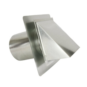 Side view of FAMCO hooded wall vent with screen and stucco ring in galvanized steel.