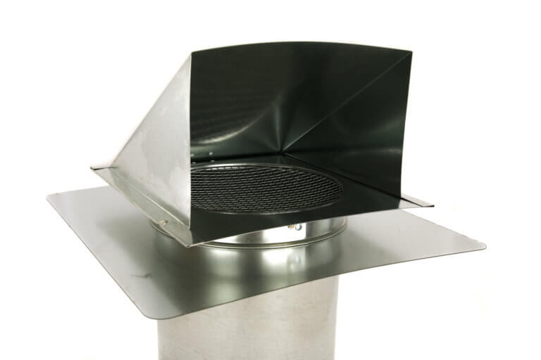 Inside view of FAMCO hooded wall vent with screen and stucco ring in galvanized steel.