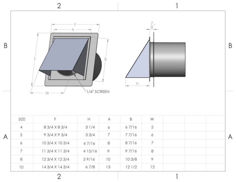 New img alt text: FAMCO Hooded Wall Vent with Screen and Stucco Ring Measurement Guide