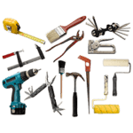 Assortment of various roofing supplies and tools.
