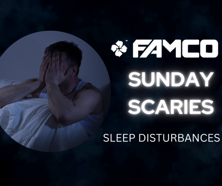 FAMCO Sunday Scaries sleep disturbances campaign featuring a distressed man in bed.