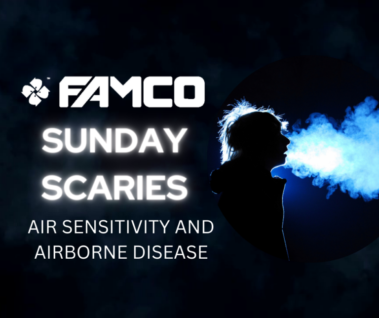 FAMCO Sunday Scaries graphic about air sensitivity and airborne disease with a silhouette of a person exhaling.