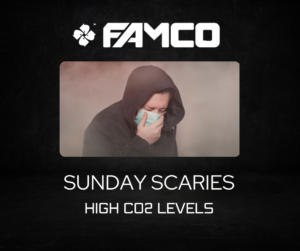 FAMCO Sunday Scaries graphic warning about high CO2 levels, featuring a person wearing a mask.