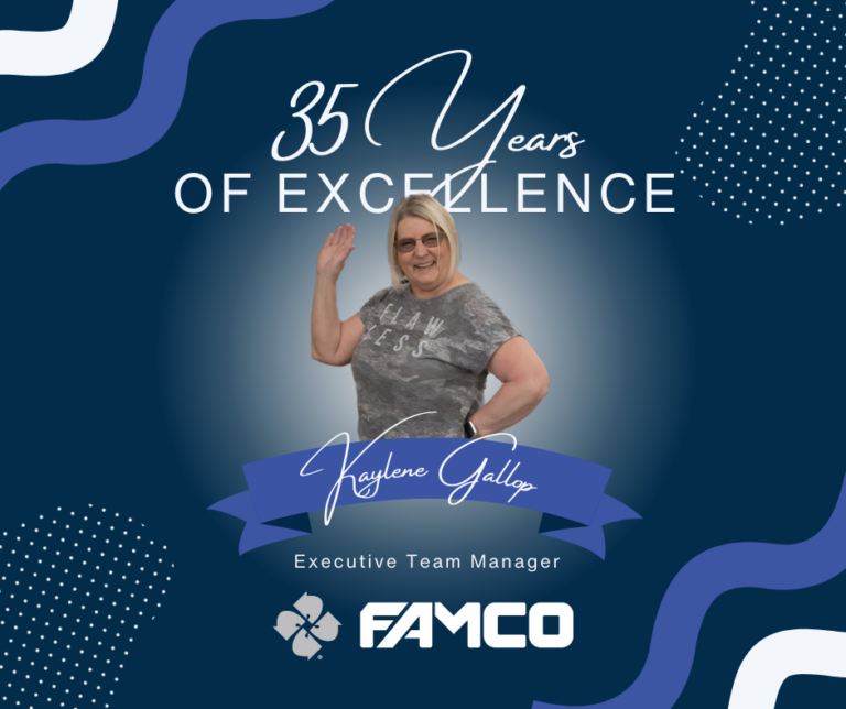 Kaylene Gallop, Executive Team Manager, celebrating 35 years of excellence at FAMCO with a cheerful pose.