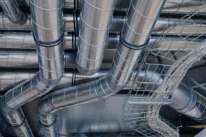 A view of commercial Industrial pipes and ducts of an HVAC.