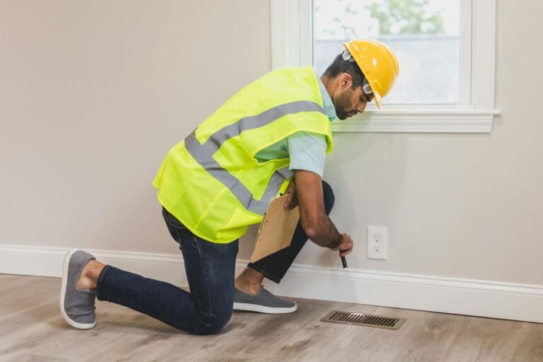 The image shows a man wearing a hard hat and safety vest, inspecting the floor vent in a house